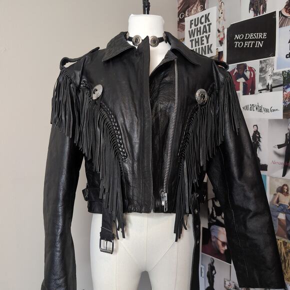 First Genuine Leather Jackets & Blazers - Cropped Leather Fringe Jacket Biker Vintage